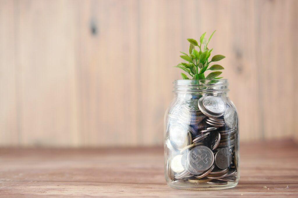 jar filled with coins with plant growing out of it